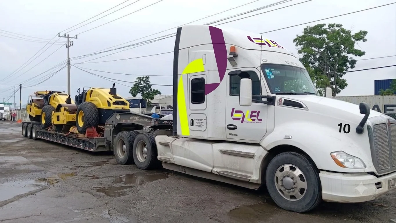 Unidad blanca Logmine transportando maquinaria