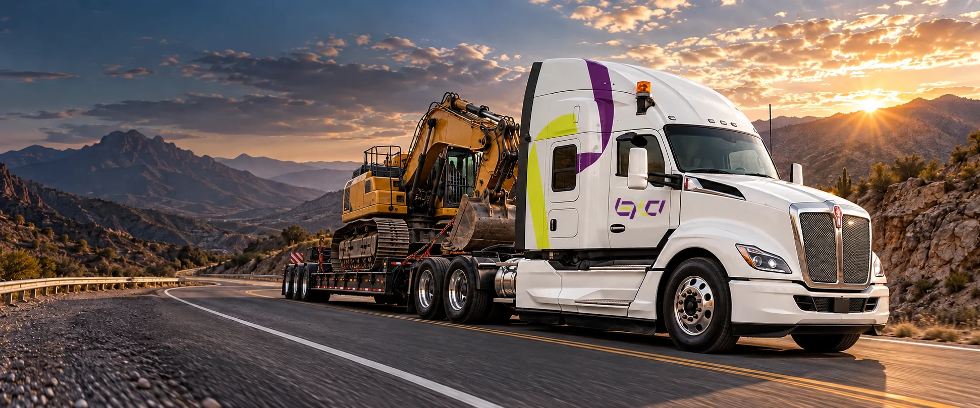 Unidad Logmine blanca con imagen morada y lima, transportando maquinaria